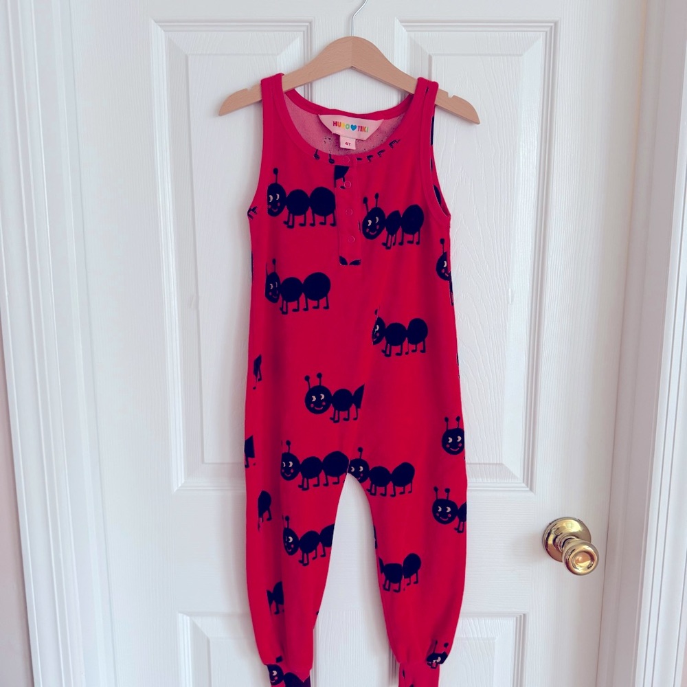 Hugo and Tiki Red Terry Cloth Jumpsuit in  Black Ant Print